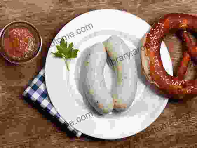 A Plate Of Weisswurst, A Traditional Bavarian Sausage Made From Finely Minced Veal, Pork, And Spices, Served With Sweet Mustard And Pretzels. German Food: Traditional Cuisine Dishes In Germany: Northern German Cuisine