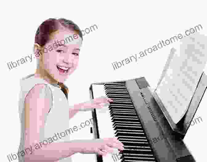 Smiling Female Student Playing The Piano. Pomp And Circumstance Elgar Beginner Piano Sheet Music