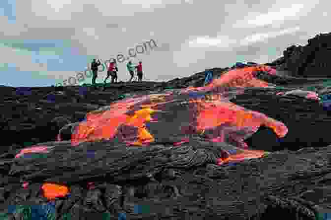 Tourists Hiking On A Volcano, With A Volcanic Crater In The Background. Volcanoes In Pictures